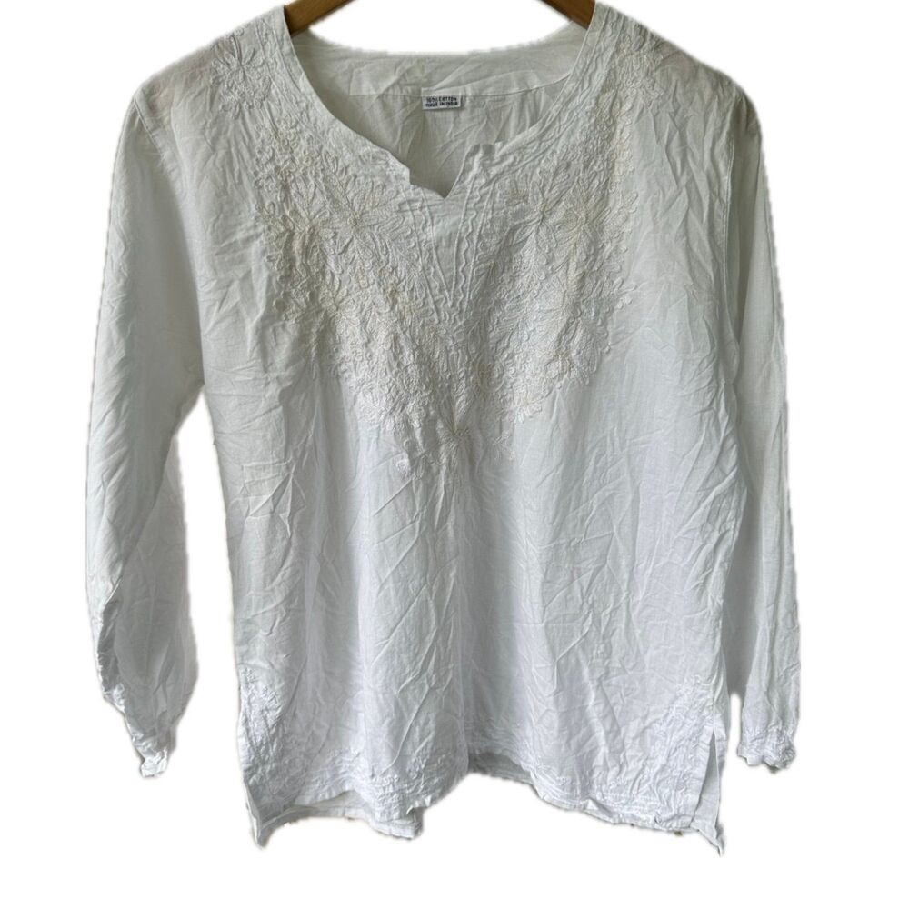 Unbranded Women's 100% Cotton Semi Sheer Embroidered Cover Up Tunic Blouse M